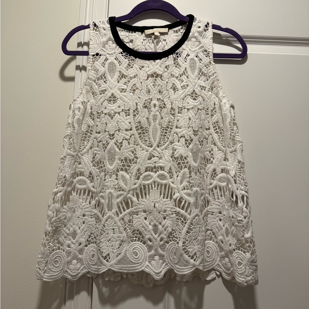 White Lace Sleeveless Top with Black Trim